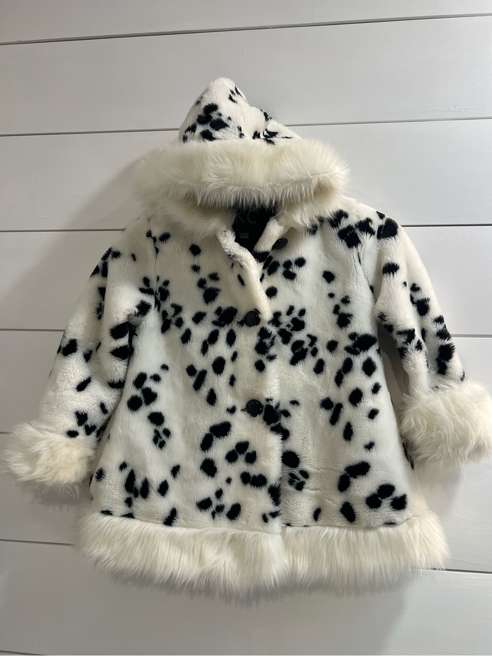 Vintage Y2K 90s Girls Large Faux Fur Dalmatian Hooded Coat White/Black